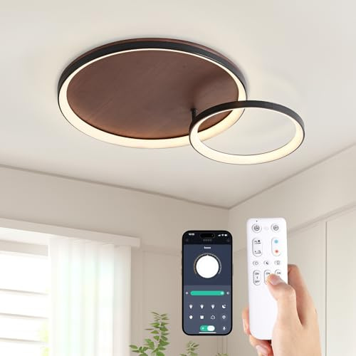 RRBEST LED Deckenlampe Wohnzimmer Holz Deckenleuchte, 28W/42cm Dimmbar Modern Wohnzimmerlampe mit Fernbedienung, 3000K-6000K,2-Ring Design Schlafzimmerlampe für Esszimmer Arbeitszimmer, Holzfarbe