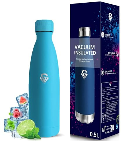 Grsta Trinkflasche Edelstahl, 500ml Trinkflasche Kinder, BPA-Frei, Auslaufsicher, 24h Kalt & 12h Warm, Wasserflasche Metall, Wasserflasche Doppelwandig, für Schule, Reisen, Camping, Büro