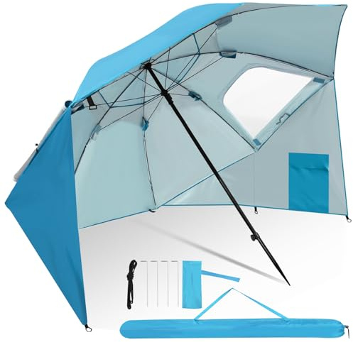 Herrselsam Sonnenschirm Strandmuschel | Robuster 2IN1 Schirm für Strand Garten | Sonnencreme Wasserdichter UV-Schutz | faltbar multifunktional | Himmelblau