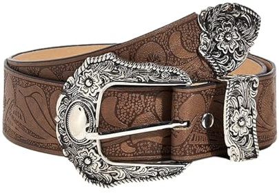 Generico Cintura Western Intagliata Cintura retrò da uomo e da donna Cinture da cowboy in pelle floreale per pantaloni jeans Calze Invernali Bambina (Silver, One Size)