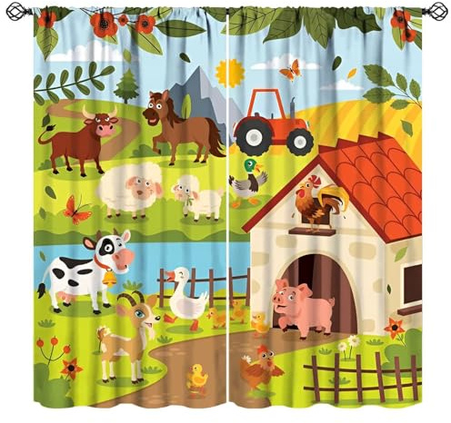 Mchenxin Cartoon Farm Animals Curtains for Kids, Cute Child Farmhouse Country Tractors Sheep Cow Pig Flowers Print Window Drapes for Boys Girls Bedroom Living Room, 42x45in (No Blackout)