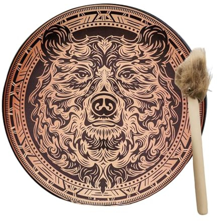 Shaman Drum, 25cm Shamanic Hand Drum with Drum Stick, Handmade Siberian Drum with Bear Pattern, Sound Healing Instrument Vintage Frame Drum for Relaxation, Meditation and Home Decoration
