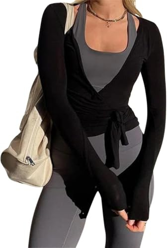 ORANDESIGNE Tops Danza Mujer Clásico Chaqueta Ballet Wrap Top Y2K Crop Top Ropa Deportiva Cárdigan Baile Fitness A Negro M