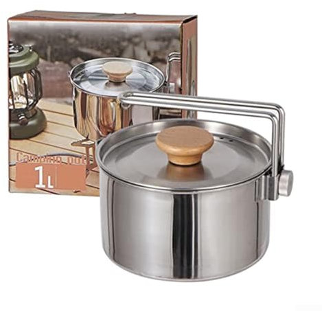 DAZZLEEX Bouilloire de camping portable de 1 L, en acier inoxydable avec poignée amovible pour camping, pique-nique, voyage, randonnée