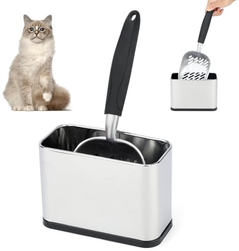 Mfsdai Katzenstreuschaufel mit Halter Katzenklo Schaufel Schnell Siebend Edelstahl Behälter Tiefer Schaufel mit Ergonomischer und Bequemer Griff Poop Sieben（Grau）