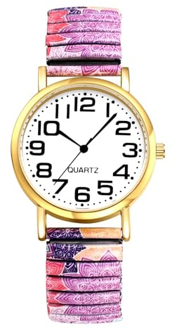 Oidea Elastic Strap Watches for Women: Bohemia Flower Large Dial Big Number Easy Reader Analog Quartz Stretch Band Watch Boho Printed Casual Ladies Wristwatch