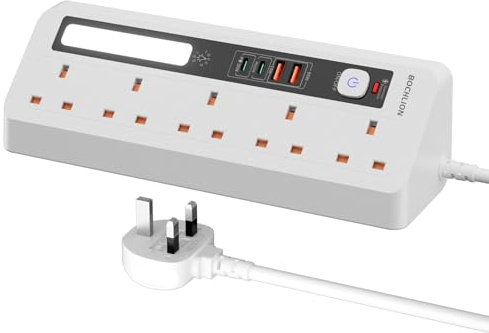 Desk Extension Lead with USB Slots, BOCHLION PD 35W + PD 20W Fast Charging Power Station with Night Light, 5 Way Plug Extension Socket Surge Protector, Desktop Power Strip 1.8M for Home Office-White