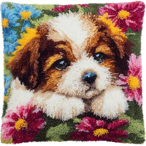 Taxpy Diy Kits De Crochets De Verrouillage Chien animal Kit Coussin au Point Noué, Oreiller Imprimé Coussin Au Crochet Fil Broderie Travaux D’Aiguille 43x43cm