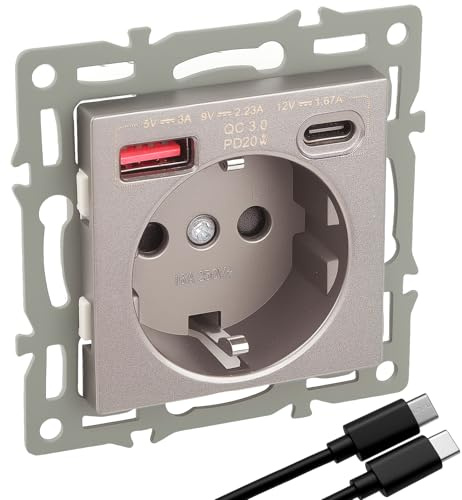 LongZYU Prise avec Port USB et Prise Schuko de Type C avec USB C 20W | Prise Murale à Charge Rapide, Encastrée, PourTéléphone, Tablette, MP3, Appareils Ménagers, Bureau, Hôtel, Décoration