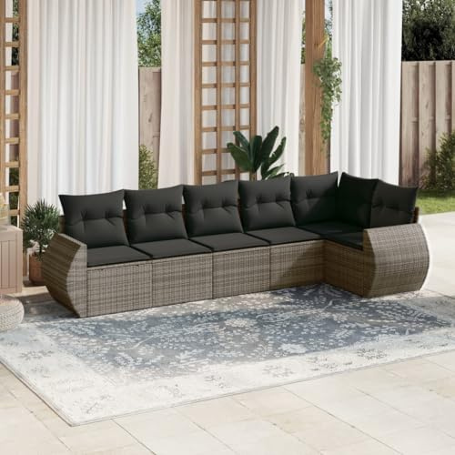 QJBSAVVA 6-TLG. Gartenmöbelset aus grauem Poly-Rattan Gartensofa Garnitur mit wasserfestem Stauraum UV-beständig platzsparendes Balkonmöbelset für Outdoor Lounge Terrasse