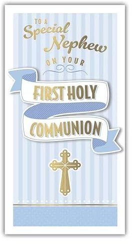 First Holy Communion Card for Nephew, Blue and Gold Cross Design, 12 x 22 cm