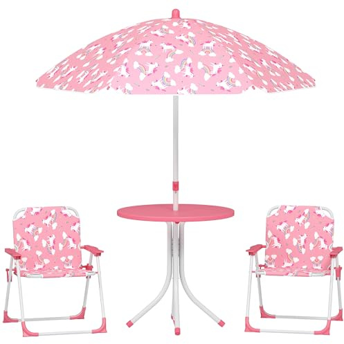 AIYAPLAY Conjunto de Mesa y Sillas Infantil de Jardín de 4 Piezas, Mesa Infantil con Sillas Plegables, Sombrilla Desmontable, Diseño de Unicornios y Arcoíris, para Patio, Pícnic, Rosa