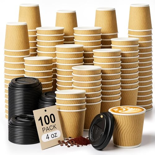 ALEXPRE 100Pack 4oz Brown Ripple Disposable Coffee Cups with Lids | Insulated Coffee Cup,Triple Wall Takeaway Paper Cups,for Hot&Cold Drinks,Office, Home, Cafe, Party, Travel
