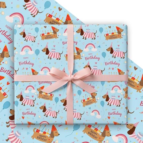 Dackel Geschenkpapier, Blau Geschenkpapier Geburtstag mit Niedlichem Hundemotiv, Hochwertiges Wrapping Paper Rolle Personalisierte Geschenke für Jungen & Mädchen