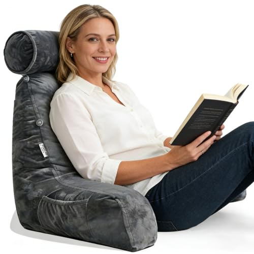mittaGonG Extra Large Reading Pillow for Sitting in Bed Adult with Detachable Neck Support Cushion & Backrest Pillow for Bed with Arms and Side Pocket Shredded Foam Back Pillow with Washable Cover