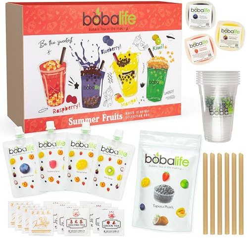 Bobalife Summerfruit Bubble Tea Kit - Make Your Own Boba Tea At Home | 12 Drinks | Popping Boba & Tapioca Pearls | Vegan Gluten Gift Set
