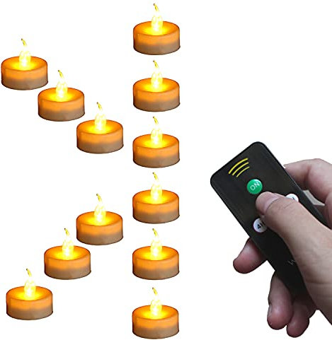 Wilrigir Lot de 12 bougies chauffe-plat à distance avec minuterie 4 h, 6 h, 8 h, LED ambrée, sans flamme, piles Cr2450, idéales pour les décorations saisonnières, les fêtes, les célébrations, les