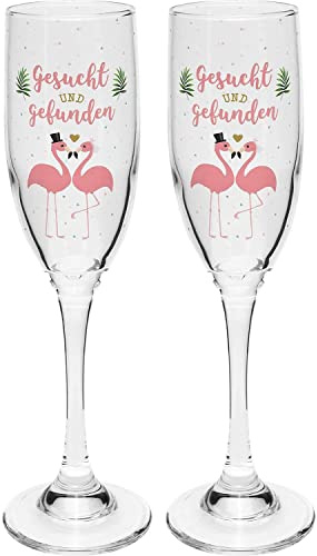 Sektglas Set Flamingos: Zwei Sektgläser mit Metallic-Druck in Geschenkbox, Glas je 20 cl