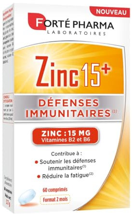 Forté Pharma – Zinc 15+ | Zinc bisglycinate 15 mg + Vitamines B2 & B6 - Anti fatigue - Complément Alimentaire Défenses Immunitaires Dosage maximal | 60 comprimés, 1/jour, 2 mois