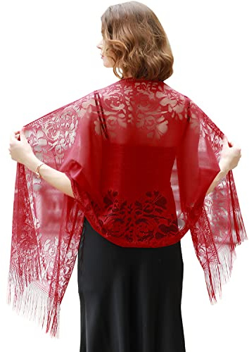 RIIQIICHY Stola Für Abendkleid Schal Stola Damen Festlich Umschlagtuch Umhang Rot Spitzenschal Mit Fransen für Hochzeit Party Braut