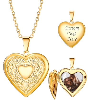 Custom4U Personalised locket Necklace for Women - Engraved Photo Necklace Custom Memory Gifts for Mum Wife Heart Gold Locket (with Gift Box)