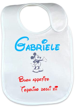 Bavaglino Topolino con nome e dedica. Bavaglino personalizzato. Cotone davanti e impermeabile dietro per evitare il trasferimento dei liquidi. Chiusura laterale in morbido velcro