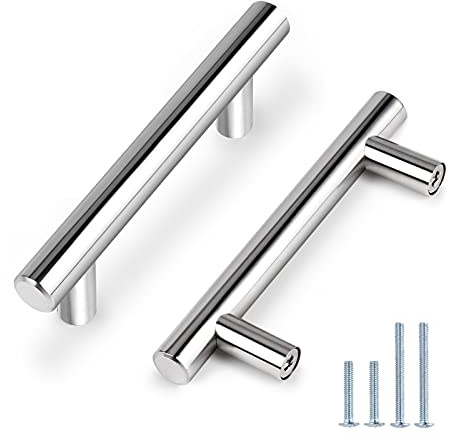 Probrico 5 Pack | 3 Cabinet Pulls Polished Chrome, Euro T Bar Kitchen Cabinet Hardware Stainless Steel Dresser Pulls Chrome Handles for Cabinet Dresser, 3 Hole Centers, 5 Total Length