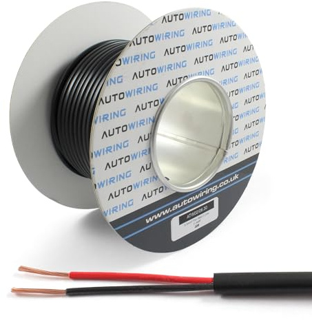 Automotive FLAT Twin 2 Core Cable 12v 24v Thin Wall Wire (11 AMP Rated 0.5mm² 20 AWG) 10/30/100 Metre (10M Coil)