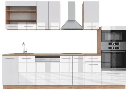 Vicco Küchenzeile Fame-Line, Weiß Hochglanz/Goldkraft Eiche, 300 cm | 8 Module · Höhenverstellbare Füße · Ohne Arbeitsplatte · MDF-Fronten · Softclose · Metallgriffe