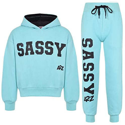 A2Z 4 Kids Girls Tracksuit Tie Dye Sassy Fleece Hooded Crop Top - T.S Crop Sassy Aqua 13