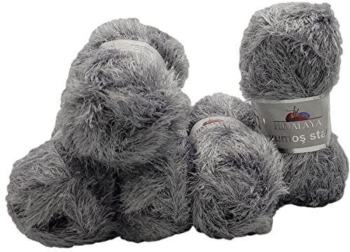500 Gramm Himalaya Yumos Star Plüschgarn, Fransengarn Mit glitzer, 500 Gramm Strickwolle mit Plüsch (silber 60279)