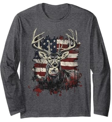 Buck White Tail Deer Hunting Hunter Distressed American Flag Long Sleeve T-Shirt