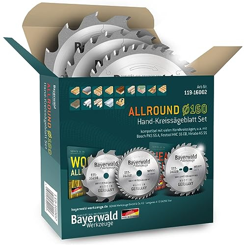ALLROUND Bayerwald Handkreissägen-Set Ø 160 (3 tlg.) - für Holz Längsschnitt/Tischlerplatten/Holz Querschnitt etc. - für Handkreissägen u.a. für Bosch PKS 55 A, Festool HKC 55 EB, Metabo KS 55