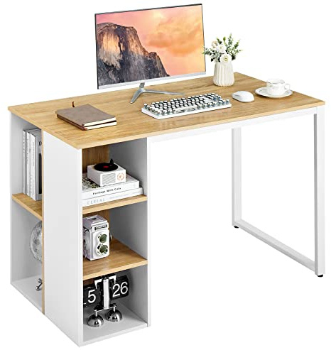 COSTWAY Schreibtisch mit 5 Fächern, Computertisch mit Metallrahmen, moderner Arbeitstisch, Bürotisch aus Holz, PC-Tisch, 115 x 59,5 x 75 cm (Natur)