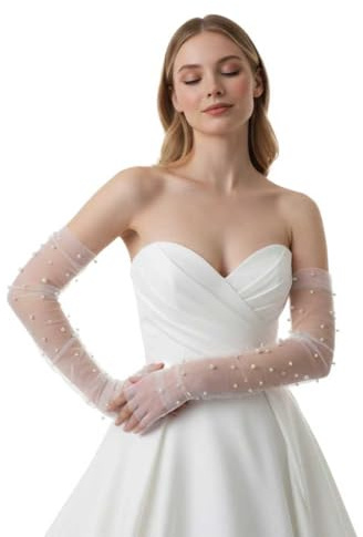 Eiaork Long Wedding Tulle Gloves White Pearl Bridal Gloves Elbow Length Summer Fingerless Glove for Women and Girls (off white with pearl)