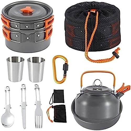 DEEDAV Camping Kochgeschirr Camping-Kochgeschirr-Set, Outdoor-Aluminium-Kochset Für 2 Bis 3 Personen, Faltbare Campingpfannen Mit Antihaftbeschichtung Wandern Trekking (Color : Orange, Size : 9pcs)