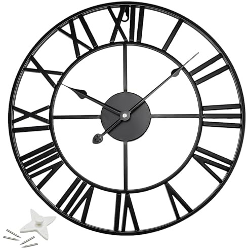 Crystals Outdoor Wall Clock Medium Roman Numerals Indoor Giant Open Face Metal Garden, 60cm (Black)
