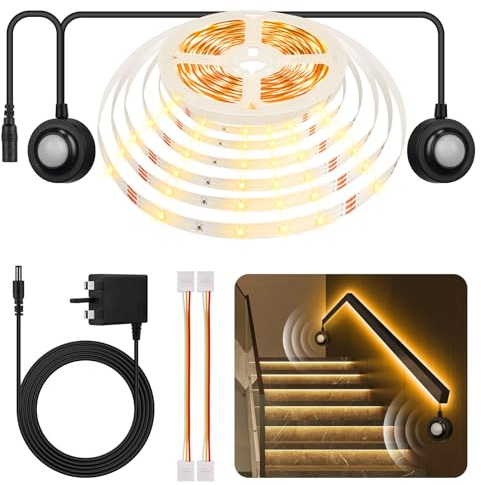 HOUHUI 5M 3000K Dual Motion Sensor LED Strip, Plug-in Under Bed Auto On-Off | 12V Warm White,3Pin Cables, for Stairs, Hallway, Cabinet, Closet, Bedroom, Indoor Use