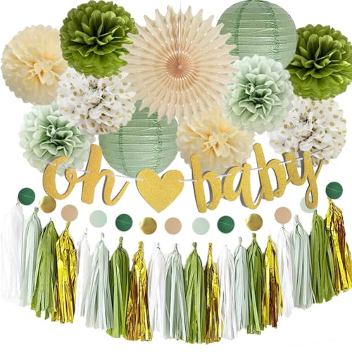Babyparty Deko Salbeigrün Junge Baby Shower Party Deko Grüne Gold Babyparty Girlande Salbeigrün Creme Gold Seidenpapier Pom Poms für Gender Reveal Party Dekoration