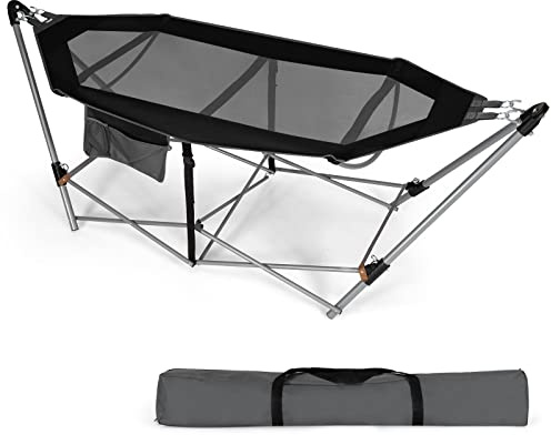 GYMAX Amaca Pieghevole Portatile con Tasca Laterale, Lettino da Campeggio in Metallo e Fibbie Anti-ribaltamento, Amaca da Campeggio con Borsa per Giardino, Balcone, Facile da Montare (Nero)