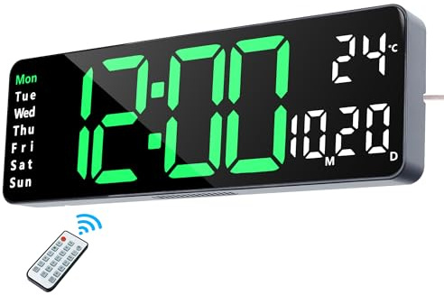 Lafocuse Reloj Digital Pared LED Grande 32cm, Silencioso Reloj Digital con Control Remoto, Temperatura, Fecha, 2 Alarmas, Brillo Ajustable, 12/24 Horas, para Salon Cocina Oficina,Verde