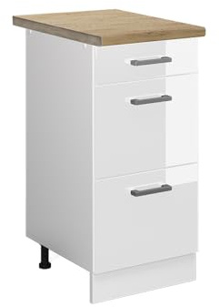 Vicco Küchenunterschrank R-Line, Weiß Hochglanz, 40 cm | 3 Schubladen · AP Eiche inkl. · Höhenverstellbare Füße · ✓ Leichter Zugriff · ✓ Frei kombinierbar