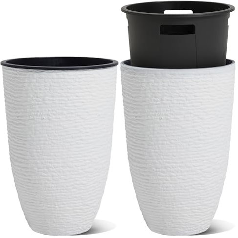 Worth Paquete de 2 macetas altas blancas de 21 pulgadas de alto con macetas interiores, macetas redondas grandes de plástico de 14 pulgadas de diámetro, acabado decorativo de piedra de imitación para