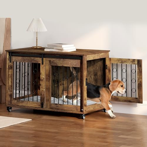 EUGAD Hundekäfig Möbel, 100cm Hundebox Zuhause mit 2 Türen 5 Rädern, Hundegitter für große mittlere kleine Hunde, Hundehütte Indoor, Dekorative Haustierkiste für den Innenbereich Vintagebraun