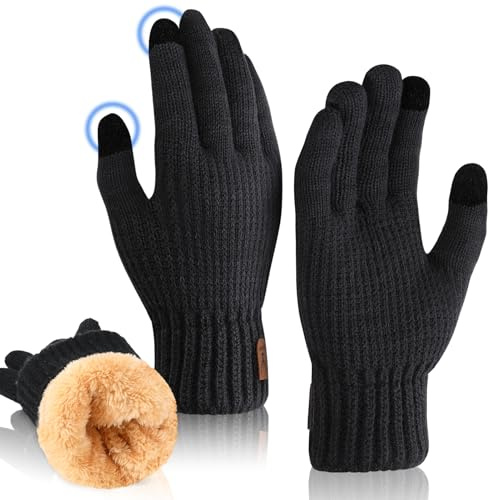 Halinuia Guanti Touch Screen Invernali Donna, Neri Guanti Termici Guanti Caldi,Guanti Foderati Doppio Strato Guanti a Maglia Cotone Guanti in Pile Sportivi per Guida Bici Ciclismo Scooter