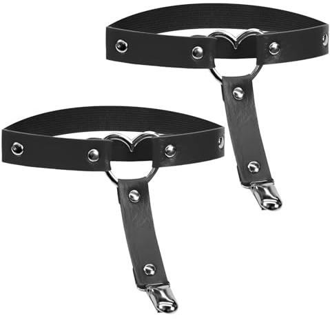 2pcs Punk Garter Belt Leg Ring Set Heart-Shape Harness Alloy Thigh Highs Women Girl Anti-Slip Clips Harness Elastic Adjustable Gothic Butterfly Suspender Strap Holster Accessories(Black)