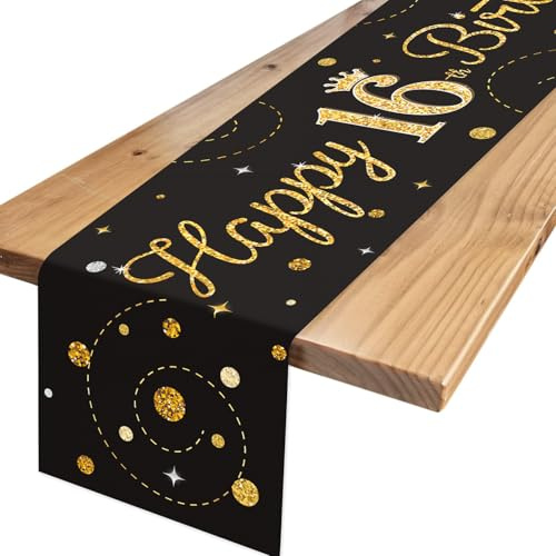 Tischläufer 16. Geburtstag Schwarz Gold, Tischdecke 16 Geburtstag mit Konfetti, Happy 16 Birthday Tischläufer zum Geburtstag, Tischdeko Geburtstag für Junge Mädchen 16 Geburtstagsdeko TNYKER