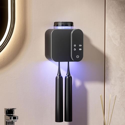 Maxspace UV Zahnbürste Sterilisator, Elektrische Zahnbürste zur Wandmontage mit Trocknen Solar- und USB-Ladung, Zahnbürstenhalter mit 2 Steckplätzen (Schwarz)