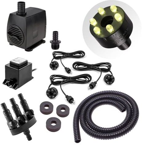 CLGarden Springbrunnen Pumpe Set mit 3x LED Beleuchtung warmweiß für Wasserspiel Säulenbrunnen Kugelbrunnen Schlauch Wasserverteiler 1300 L/H