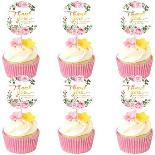 24PCS Thank you Cupcake Toppers Pink Flower Thank You Cupcake Picks for Birthday Anniversary Thanksgiving Day Wedding Bridal Party Decoration Supplies